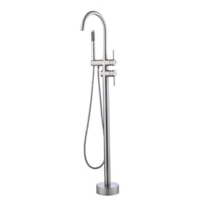 Mondawell Gooseneck Swivel 2-Handle Freestanding Tub Faucet with Hand Shower Valve Included in Brushed Nickel