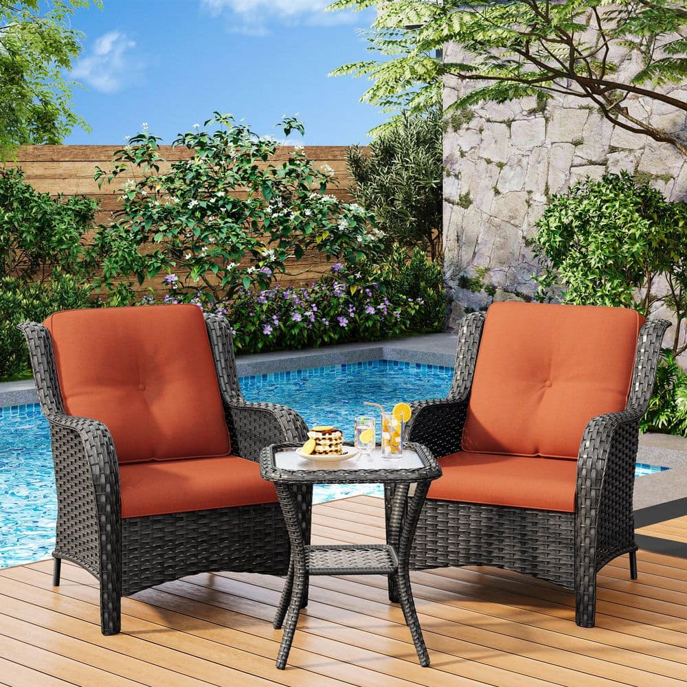3-Piece Wicker Patio Conversation Set Outdoor Lounge Chairs with Orange Cushions and Side Table price history on PriceWatchPro