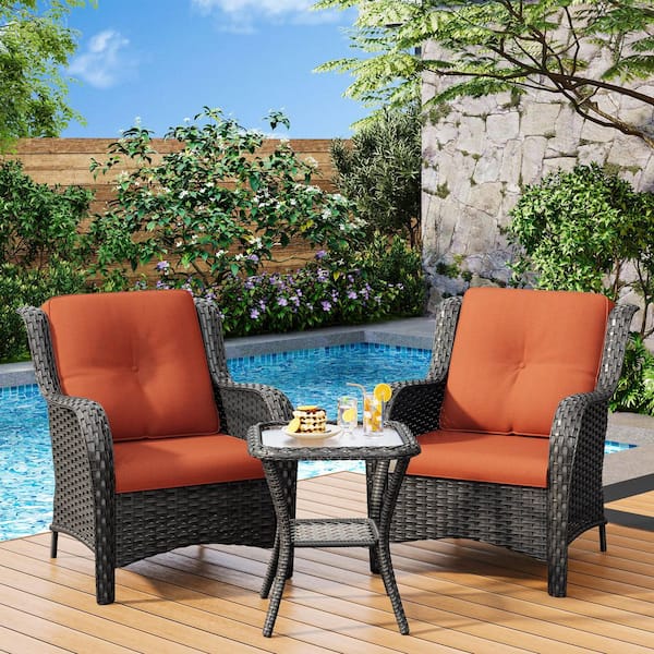 3-Piece Wicker Patio Outdoor Lounge Chair Set with Orange Cushions and Side Table