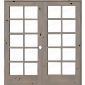 72 in. x 80 in. Knotty Alder Left-Handed 10-Lite Clear Glass Grey Stain Wood Double Prehung French Door