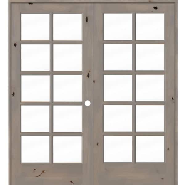 Krosswood Doors 72 in. x 80 in. Knotty Alder Left-Handed 10-Lite Clear Glass Grey Stain Wood Double Prehung French Door