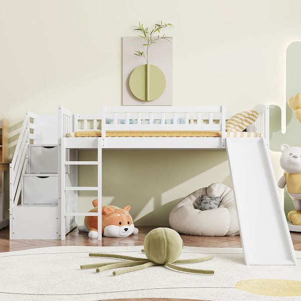 White Twin Size Wood Loft Bed with 2 Drawers and Slide