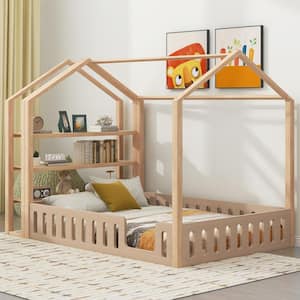Natural Wood Frame Full Size House Platform Bed, Floor Bed with Fence Bedrails, Detachable Storage Shelves