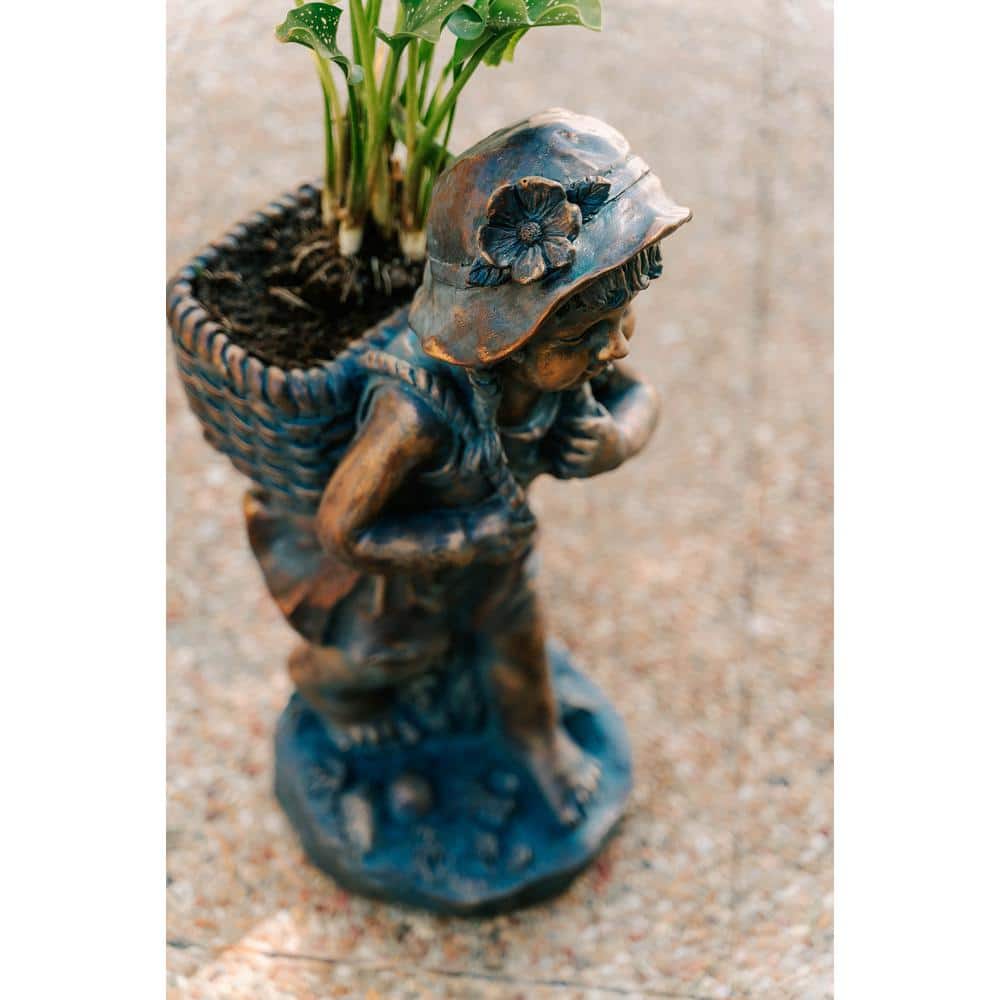 24" Faux Bronze Magnesium Oxide Girl Garden Statue with Plant Pot