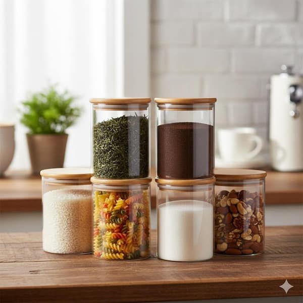 Airtight 6-Piece Glass Food Storage Jar Set Clear Kitchen Canisters with Bamboo Lid and Labels 27 oz.