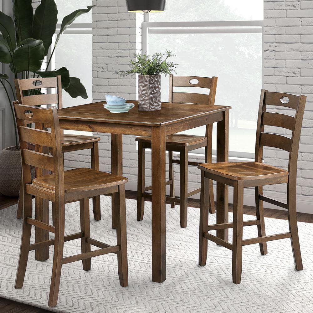 Walnut 5-Piece Square Counter Height Dining Set with Ladder-Back Chairs