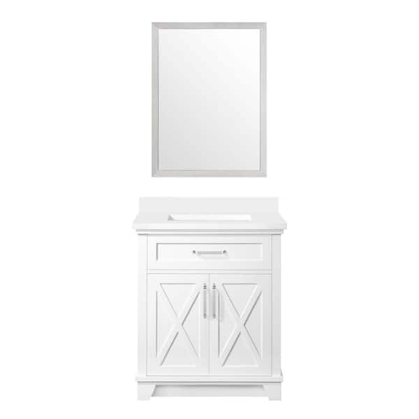 OVE Decors Ollie 30 in. W x 22 in. D x 35 in. H Bath Vanity in White with White Engineered Stone Top and Brushed Nickel Mirror