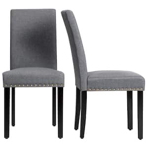 Gray Fabric Dining Chairs with Nailhead Trim and Wood Legs (Set of 2)