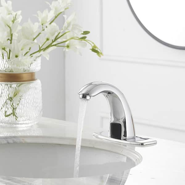 Automatic Sensor Touchless Single Hole Bathroom Sink Faucet with Deck Plate and Pop-Up Drain in Polished Chrome
