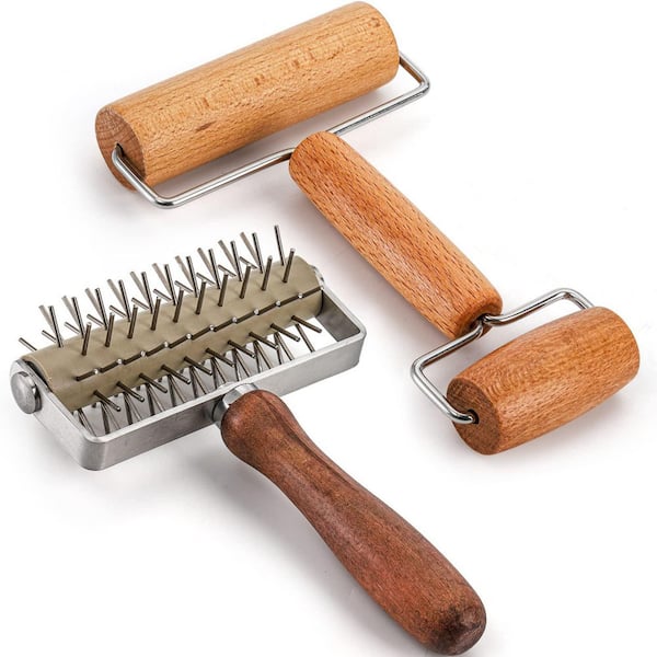 Pizza Dough Roller and Docker Set of 2, Stainless Steel Hole Puncher with Wooden Rolling Pin for Pastry and Bread