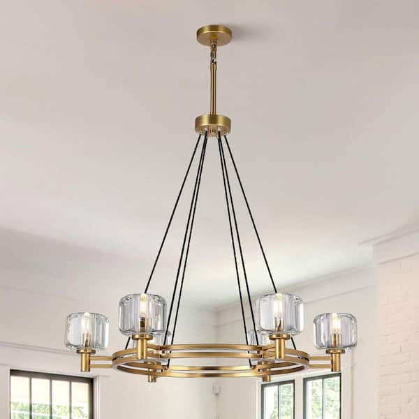 Gleam Flare 36 in. 6-Light Gold Farmhouse Wagon Wheel Chandelier with Crystal Lampshade for Dining Room, Living Room, Kitchen Island