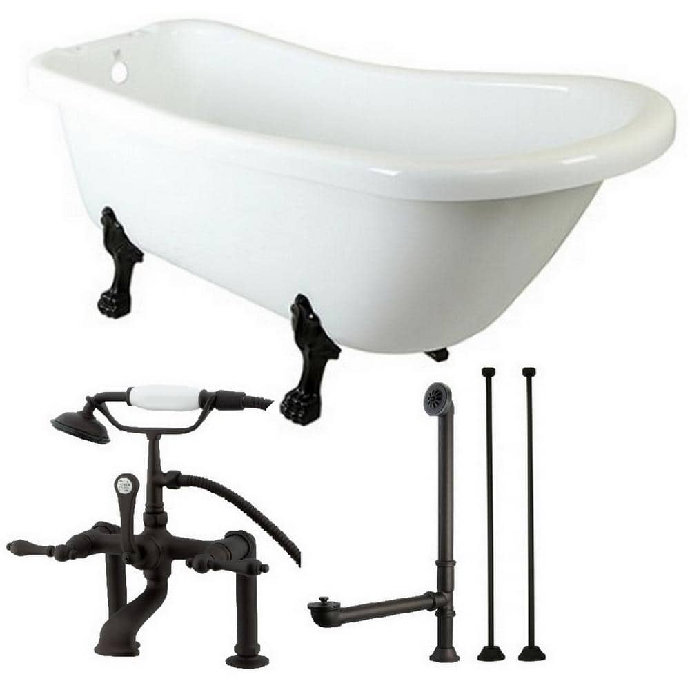 Slipper 5.6 ft. Acrylic Clawfoot Bathtub in White and Faucet Combo in Oil R
