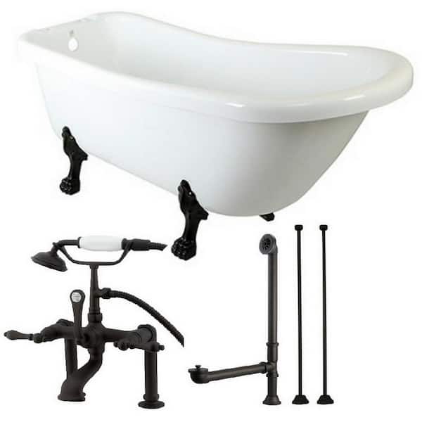 Aqua Eden Slipper 5.6 ft. Acrylic Clawfoot Bathtub in White and Faucet Combo in Oil Rubbed Bronze