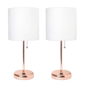 19.5 in. Rose Gold Stick Lamp with USB Charging Port and Fabric Shade, White (2-Pack Set)