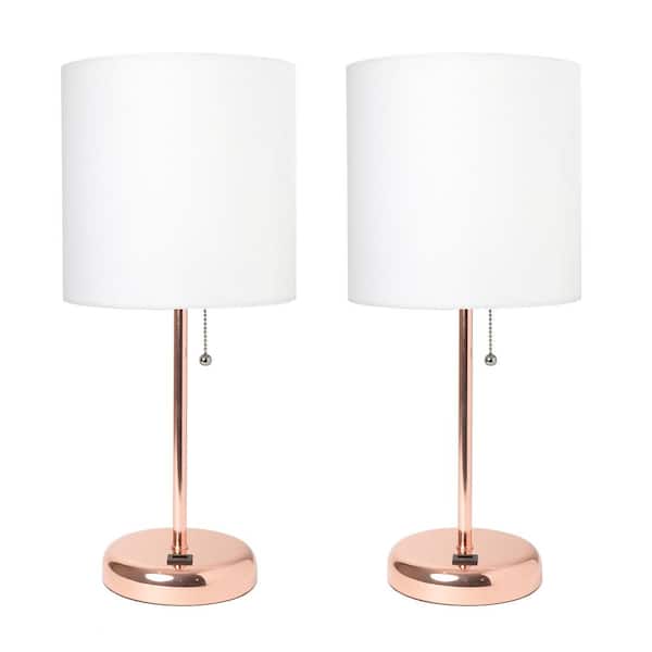 Simple Designs 19.5 in. Rose Gold Stick Lamp with USB Charging Port and Fabric Shade, White (2-Pack Set)