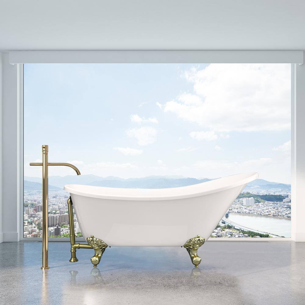 Fandi 64" White Acrylic Clawfoot Soaking Bathtub with Brass Feet