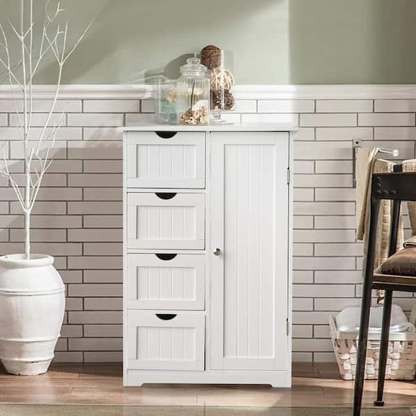 Bathroom Floor Cabinet Linen Storage Chest With Drawers Shelves Wood White Bath 