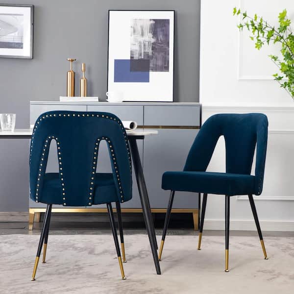 Orion Blue Modern Upholstered Velvet Dining Chairs with Nailhead Trim, Black Metal Legs, Set of 2