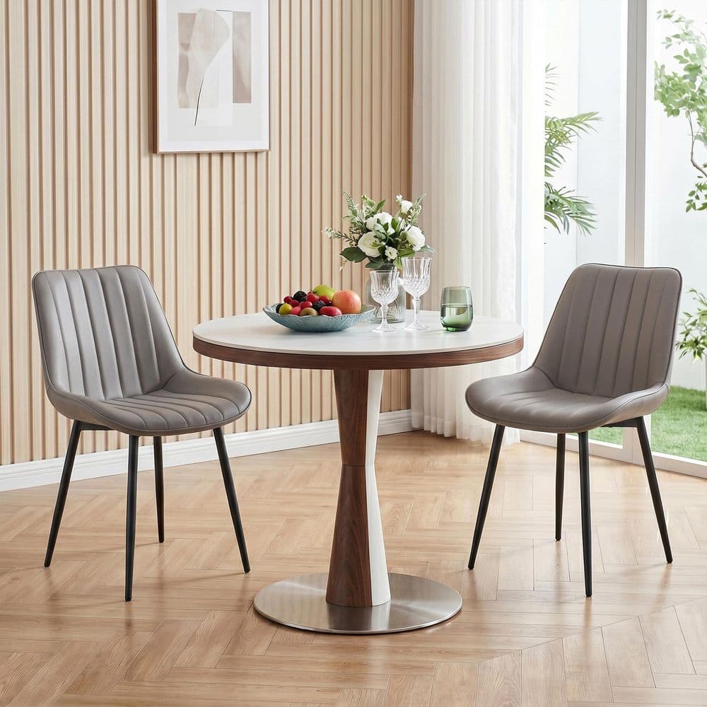 Set of 2 Modern Gray Faux Leather Dining Chairs with Metal Legs, Mid Century Upholstered Kitchen Chairs for Dining Room