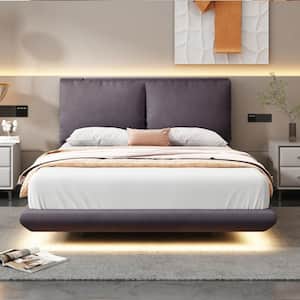 Floating Gray Wood Frame Full Size Velvet Upholstered Platform Bed with Sensor Light, 2-Plump Backrests, USB Ports
