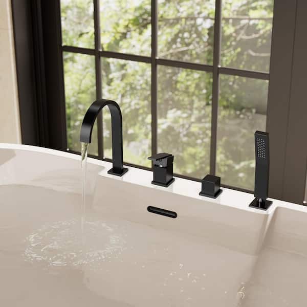 Waterfall High-Arc 2-Handle Deck Mount Roman Tub Faucet 4-Hole 2.4 GPM with Handheld, Solid Brass Valve in Matte Black