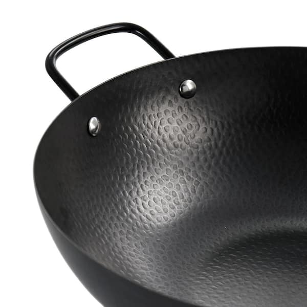 Goodful goodful carbon steel wok, hammered pow wok with wooden lid, 13,  black