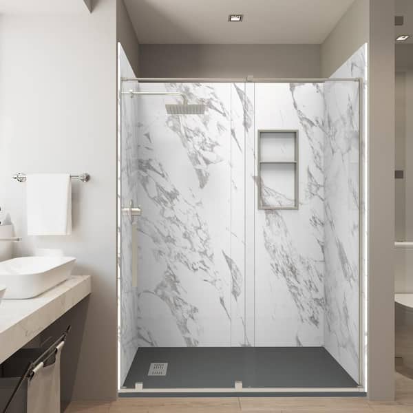Carrara 32in. x 60in. x 84in. Solid Composite Stone Alcove Shower Combo Kit Matching Brushed Nickel Door,Niche and Drain