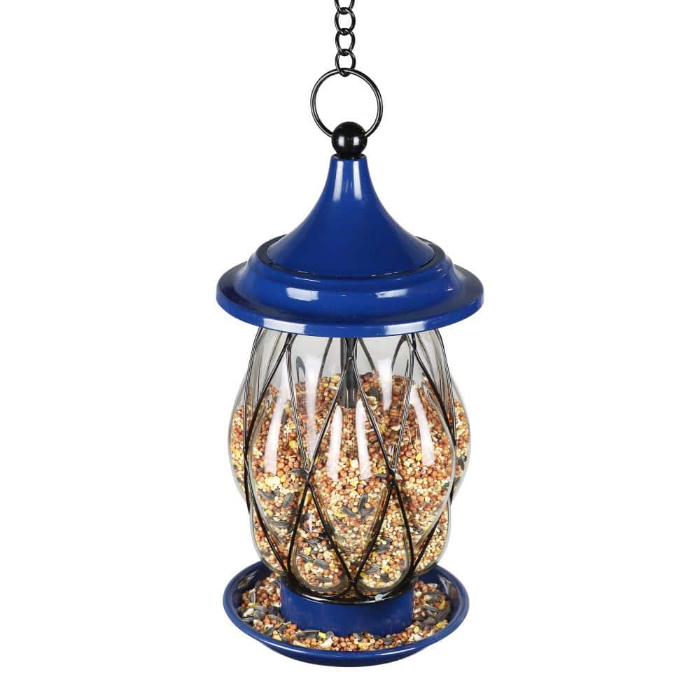 Blue Metal and Glass Hanging Bird Feeder with Wire Cage