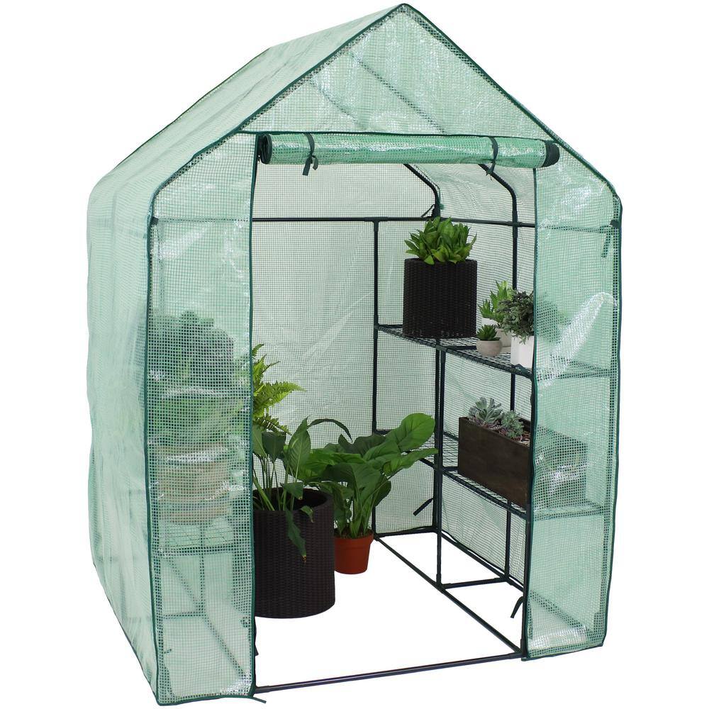 Green 55" x 55" x 77" Portable Walk-In Greenhouse with Shelves
