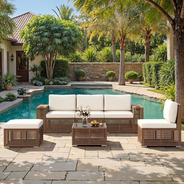 6-Pieces Wicker Paito Conversation Set with White Cushions, Coffee Table and Ottoman