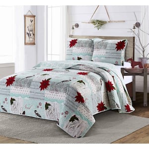 Noel 3-Piece Blue Microfiber Full/Queen Quilt Set