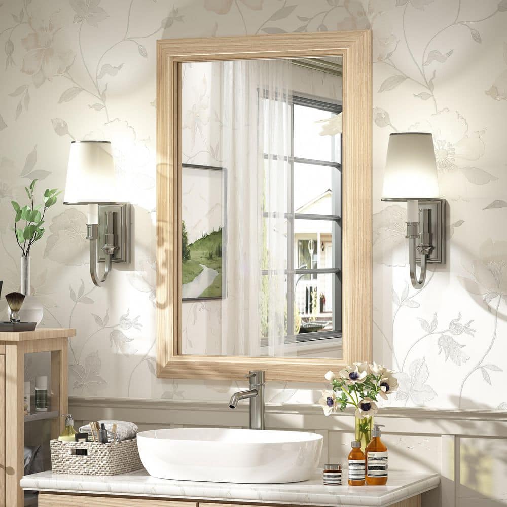24 in. W x 36 in. H Rectangular Aluminum Alloy Framed & Tempered Glass Wall Bathroom Vanity Mirror in Light Yellow Wood price history on PriceWatchPro