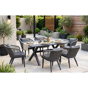 7-Piece All-Weather Wicker Outdoor Dining Set with Table All Aluminum Frame and Grey Cushions for Garden Backyard Deck