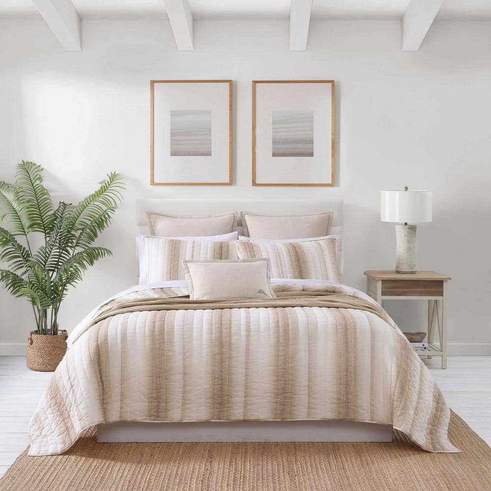 Beige Striped Full Cotton Reversible Quilt Set