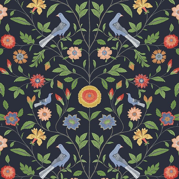 NextWall Midnight Blue Bird Toile Vinyl Peel and Stick Wallpaper Roll (Covers 30.75 sq. ft.)