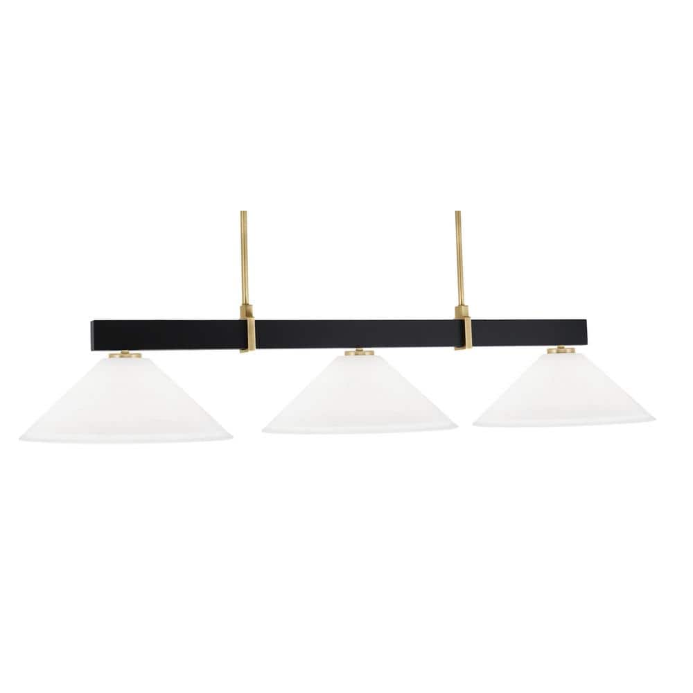 Balmore 3-Light Matte Black and New Age Brass Billiard Light with 16 in. Wh