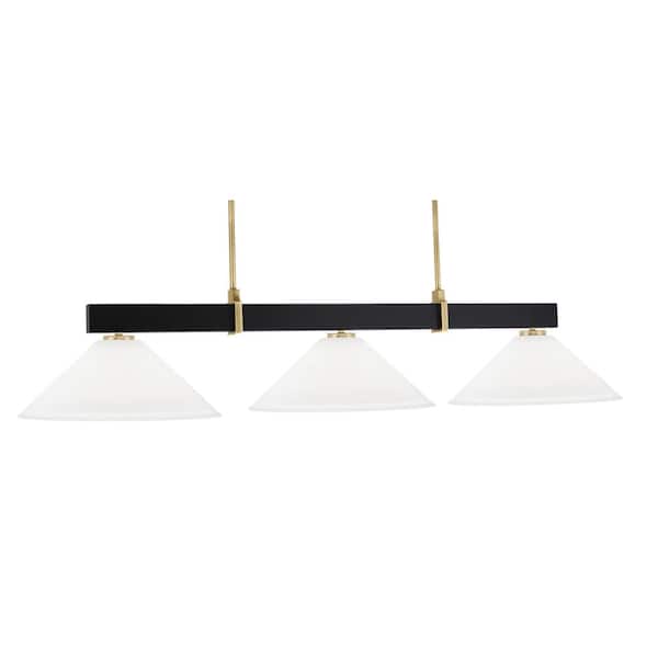 Balmore 3-Light Matte Black and New Age Brass Billiard Light with 16 in. White Muslin Glass Shades
