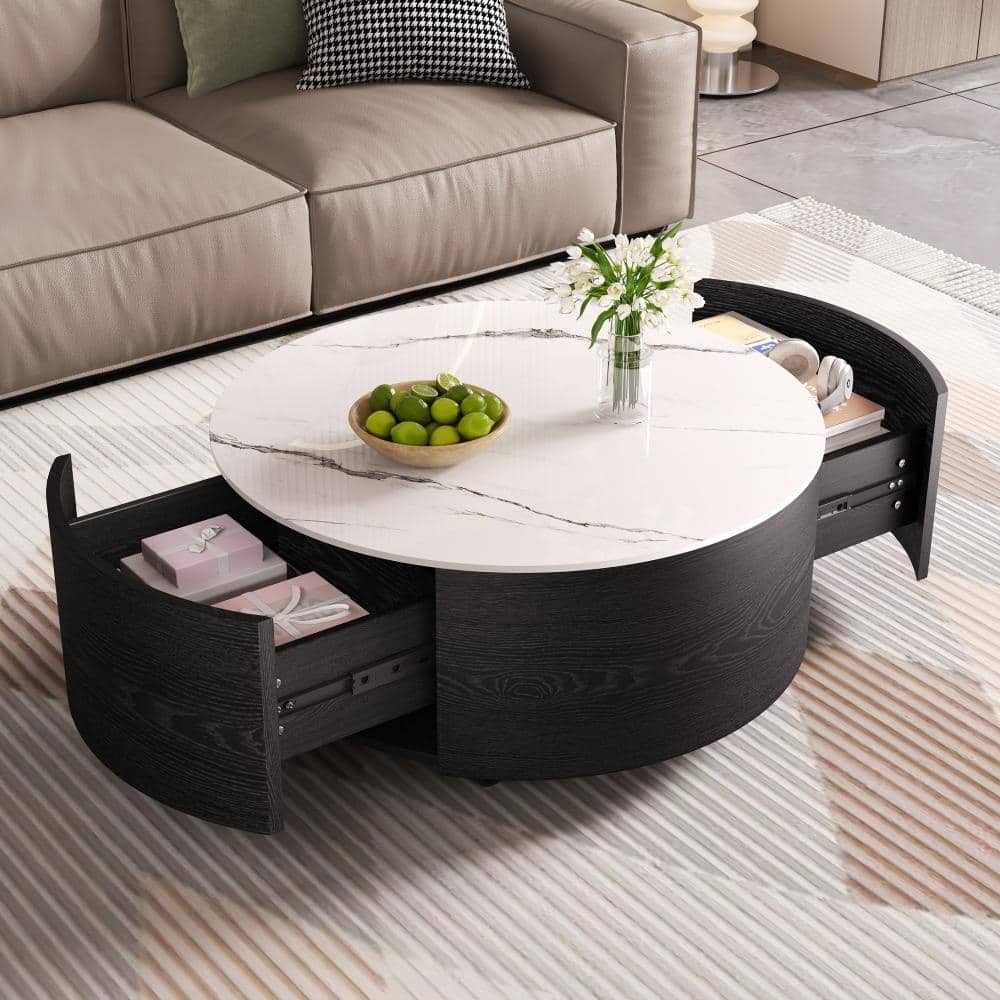 Nestfair 29.5 in. W Black Round Stone Coffee Table with Casters, 2