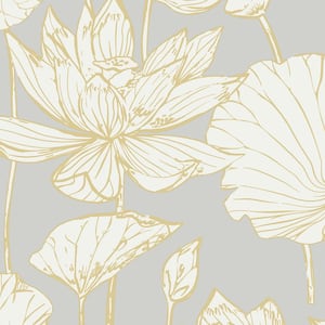 56 sq. ft. Metallic Gold and Grey Water Lily Floral Unpasted Nonwoven Wallpaper Roll