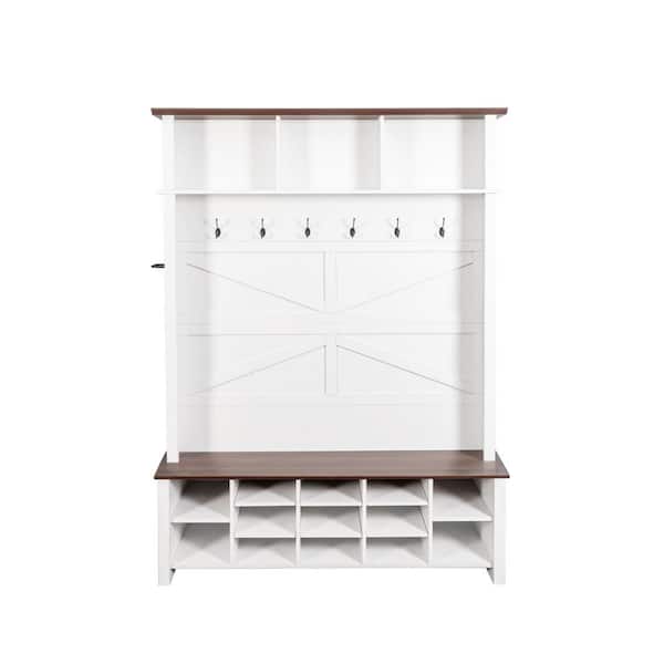 ANBAZAR Wooden White Entryway 4-in-1 Shoe Cabinet with Bench Adjustable Dividers, 16 Open Compartments and 6 Hooks