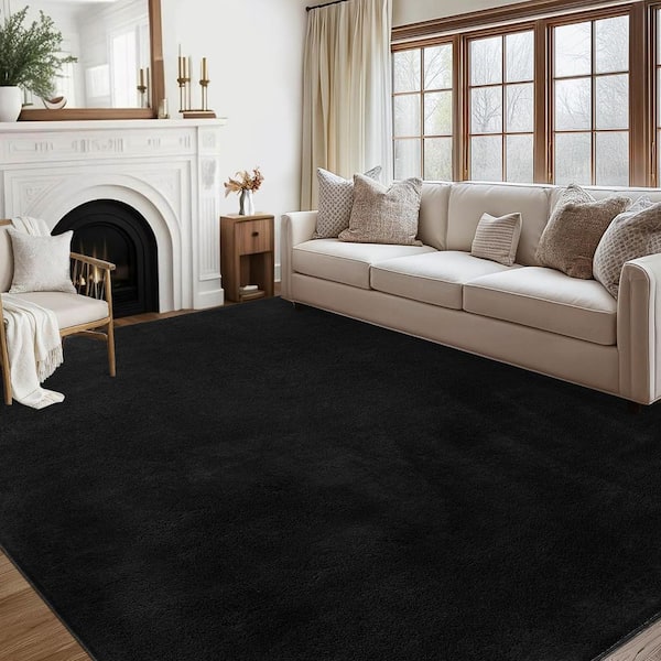 Garvee Black 5 ft. x 7 ft. Solid Thick Shag Rug Soft Washable