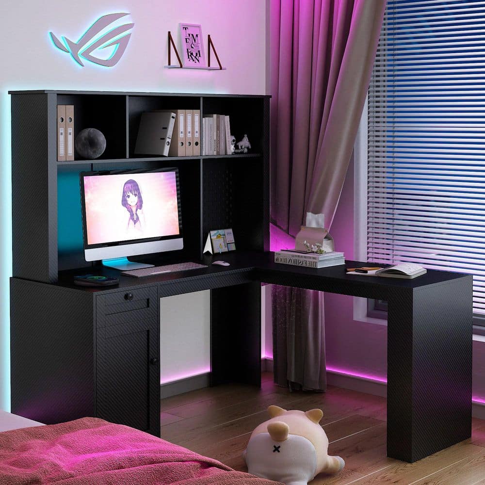 59.4 in. L-Shaped Black MDF 1-Drawer Corner Computer Desk with Power Outlet