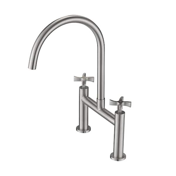 YONKI SUNSHIN INC Double Handle Bridge Kitchen Faucet with Cross Handles Stainless Steel Sink Faucet in Brushed Nickel