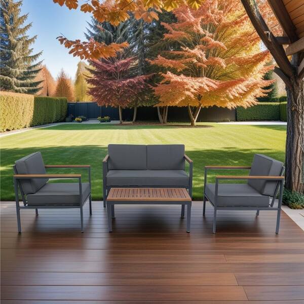 ITOPFOX Dark Gray 4-Piece Metal Conversation Set with Dark Gray Cushions, Acacia Wood Table Top for Garden