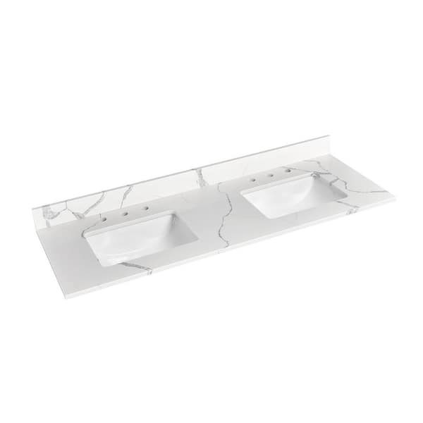 Miragy 60 in. W x 22 in. D Quartz White Rectangular Double Sinks Bathroom Vanity Top in Calacatta Classique