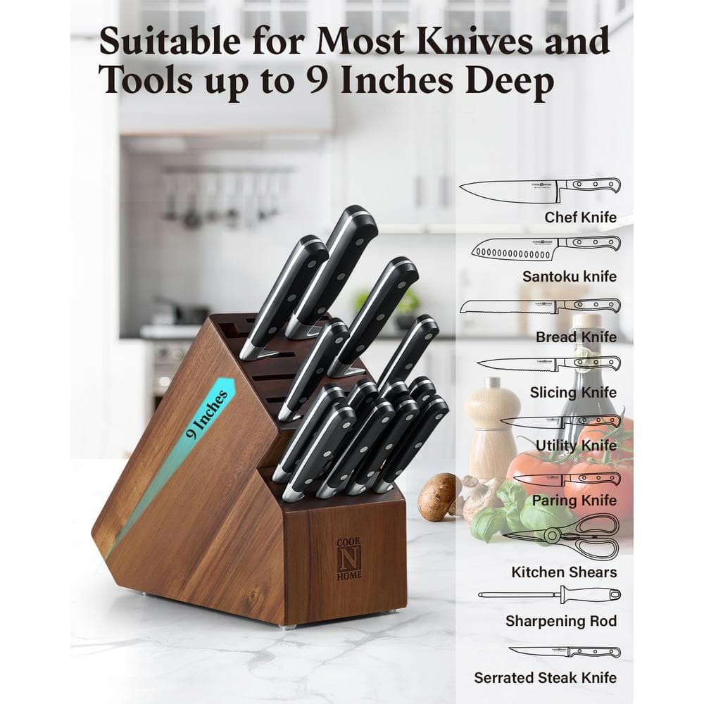 Cook N Home Acacia Wood Knife Storage Block without Knives, 20 Slot Universal Knife Holder Countertop Butcher Block Knife Stand for Easy Kitchen Storage