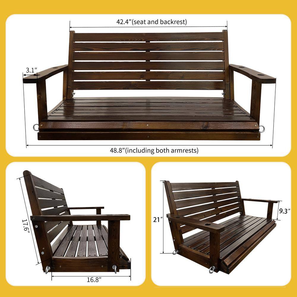 Deep Brown Wooden Porch Swing with Ergonomic Seat and Hanging Chains