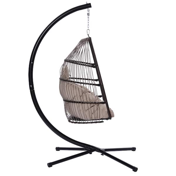HOTEBIKE 3.8 ft. x 2.8 ft. Outdoor Patio Wicker Folding Free Standing Steel Hanging Chair with Beige Brown Cushion and Pillow