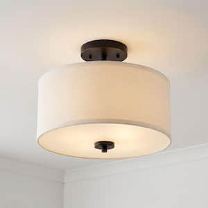 Meridian 13 in. W x 10 in. H 2-Light Matte Black Semi-Flush Mount Ceiling Light with White Fabric Shade