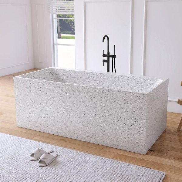 63 in. x 30 in. Terrazzo Stone Solid Surface Flatbottom Freestanding Soaking Bathtub in White(Outdoor-Compatible)